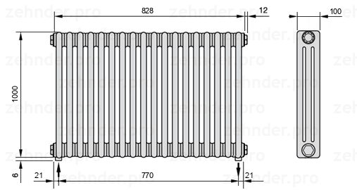 Схема (чертеж) Радиатор Zehnder Charleston 3100/18 №5310 Белый глянцевый RAL 9016
